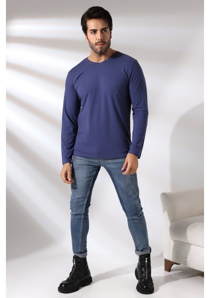 Compact Penye Likralı Regular Fit Uzun Kol Pis V Yaka T-Shirt 19698 Indigomelanj
