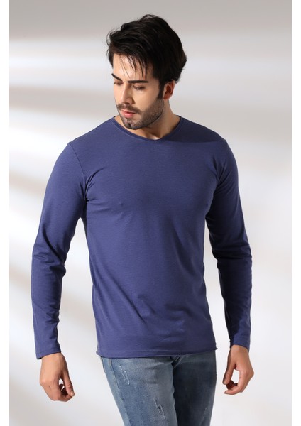 Compact Penye Likralı Regular Fit Uzun Kol Pis V Yaka T-Shirt 19698 Indigomelanj modelleri
