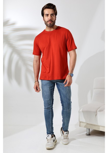 Erkek Pamuklu Penye Kompakt Bisiklet Yaka Comfort Fit Basic T-Shirt 21751 Kiremit