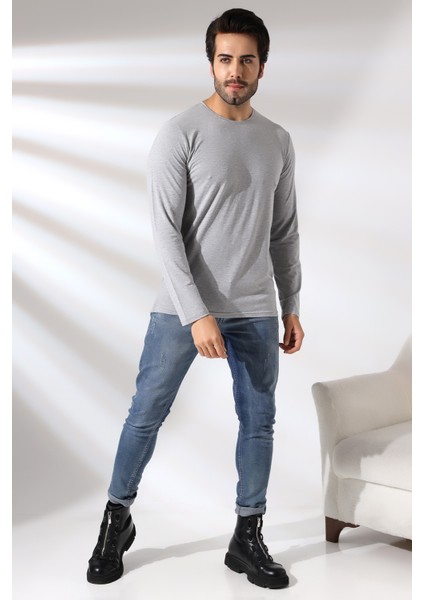 Compact Penye Likralı Regular Fit Uzun Kol Bisiklet Yaka T-Shirt 21483 Grimelanj