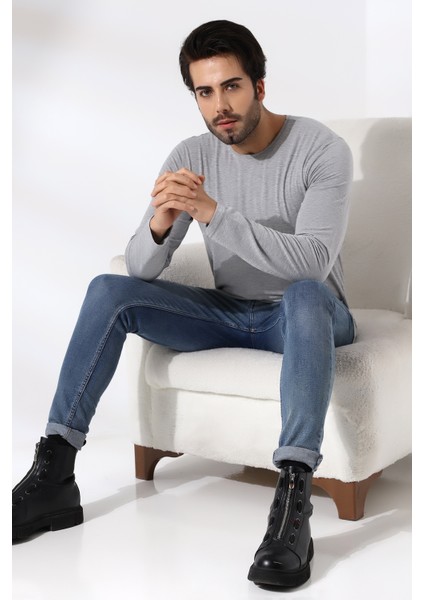 Compact Penye Likralı Regular Fit Uzun Kol Bisiklet Yaka T-Shirt 21483 Grimelanj modelleri