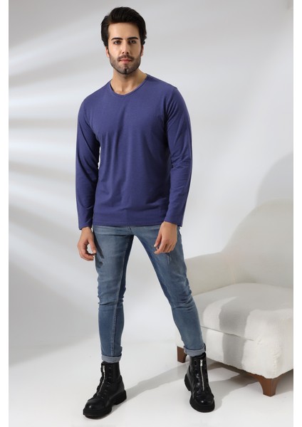 Compact Penye Likralı Regular Fit Uzun Kol V Yaka T-Shirt 19647 Indigomelanj