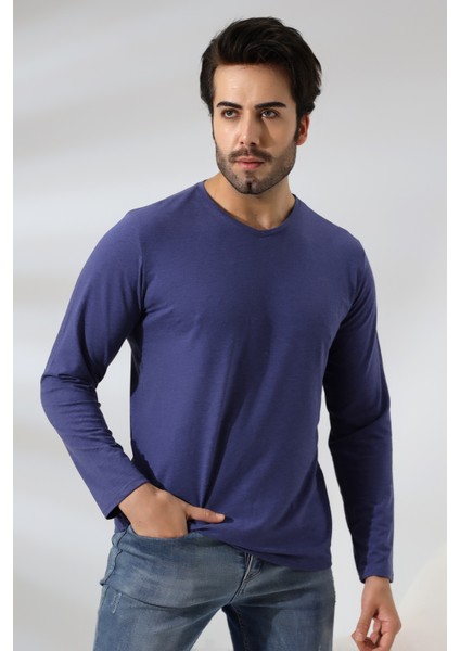 Compact Penye Likralı Regular Fit Uzun Kol V Yaka T-Shirt 19647 Indigomelanj fiyatları