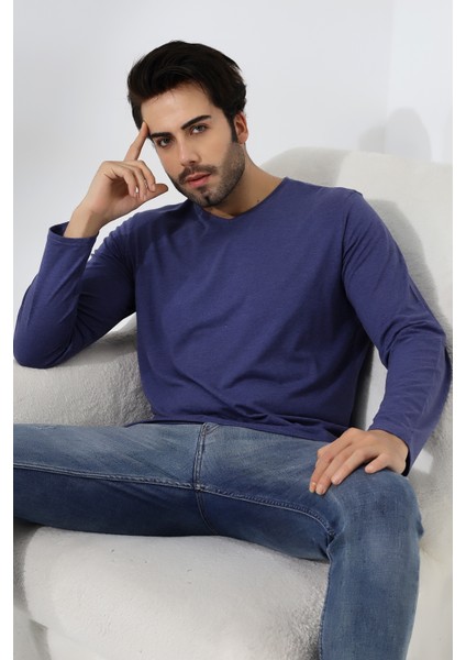 Compact Penye Likralı Regular Fit Uzun Kol V Yaka T-Shirt 19647 Indigomelanj modelleri