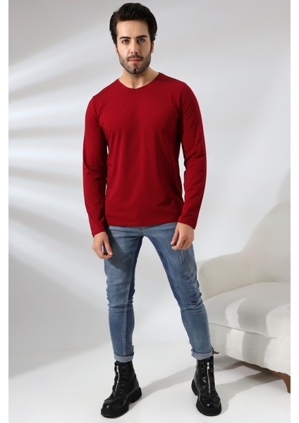 Compact Penye Likralı Regular Fit Uzun Kol V Yaka T-Shirt 19647 Bordo