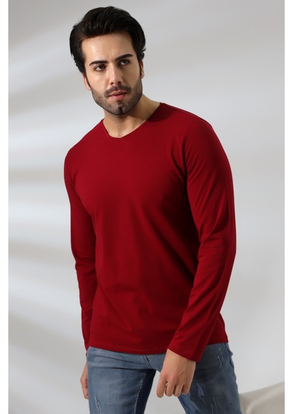 Compact Penye Likralı Regular Fit Uzun Kol V Yaka T-Shirt 19647 Bordo fiyatları
