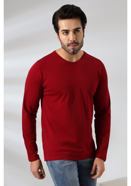 Compact Penye Likralı Regular Fit Uzun Kol V Yaka T-Shirt 19647 Bordo modelleri