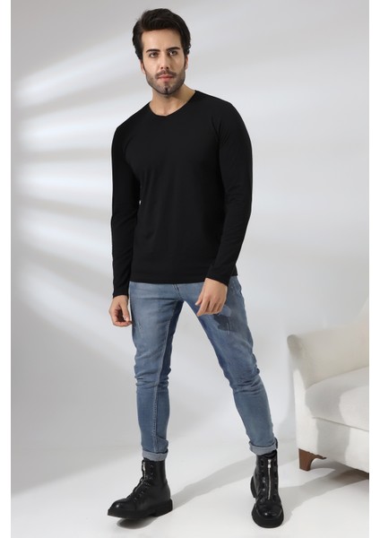 Compact Penye Likralı Regular Fit Uzun Kol V Yaka T-Shirt 19647 Siyah