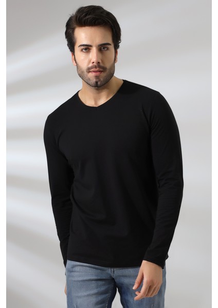 Compact Penye Likralı Regular Fit Uzun Kol V Yaka T-Shirt 19647 Siyah fiyatları