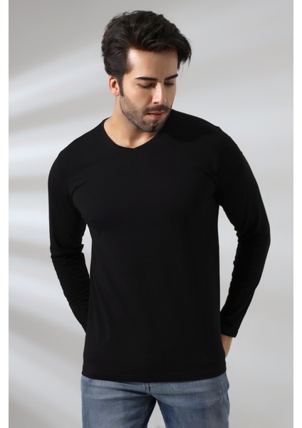 Compact Penye Likralı Regular Fit Uzun Kol V Yaka T-Shirt 19647 Siyah modelleri