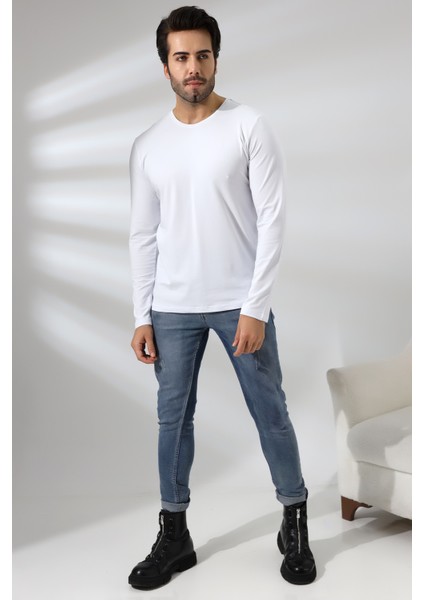 Compact Penye Likralı Regular Fit Uzun Kol V Yaka T-Shirt 19647 Beyaz