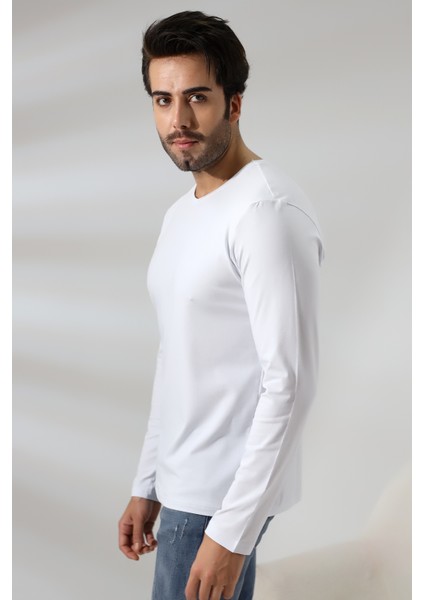 Compact Penye Likralı Regular Fit Uzun Kol V Yaka T-Shirt 19647 Beyaz fiyatları