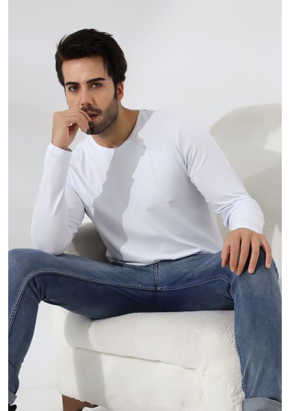 Compact Penye Likralı Regular Fit Uzun Kol V Yaka T-Shirt 19647 Beyaz modelleri