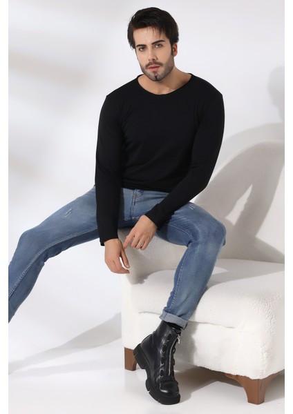 Compact Penye Likralı Regular Fit Uzun Kol Pis V Yaka T-Shirt 19698 Siyah modelleri