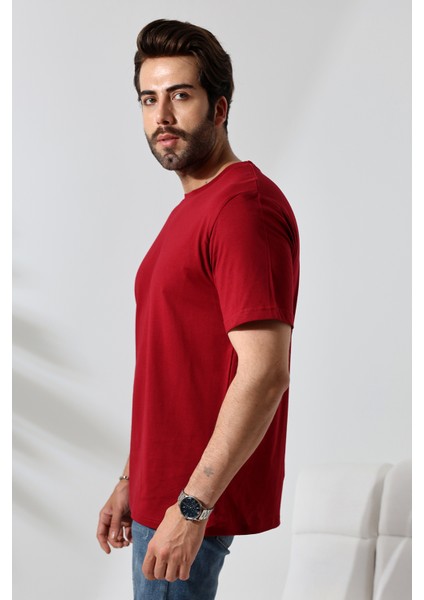Erkek Pamuklu Penye Kompakt Bisiklet Yaka Comfort Fit Basic T-Shirt 21751 Bordo fiyatları
