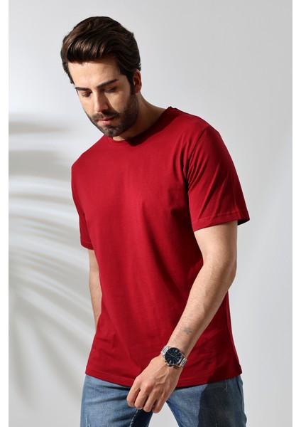Erkek Pamuklu Penye Kompakt Bisiklet Yaka Comfort Fit Basic T-Shirt 21751 Bordo modelleri