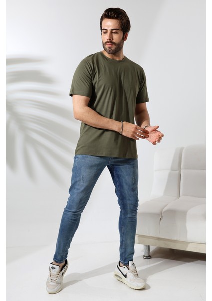 Erkek Pamuklu Penye Kompakt Bisiklet Yaka Comfort Fit Basic T-Shirt 21751 Haki