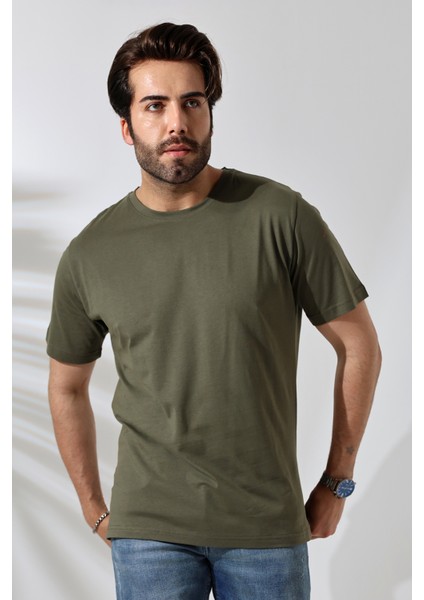 Erkek Pamuklu Penye Kompakt Bisiklet Yaka Comfort Fit Basic T-Shirt 21751 Haki
