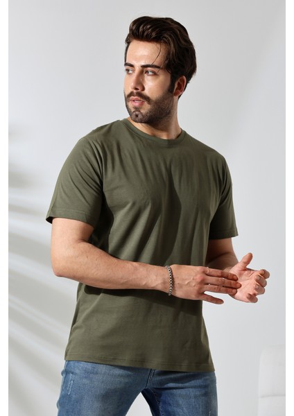 Erkek Pamuklu Penye Kompakt Bisiklet Yaka Comfort Fit Basic T-Shirt 21751 Haki
