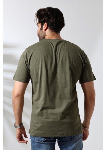 Erkek Pamuklu Penye Kompakt Bisiklet Yaka Comfort Fit Basic T-Shirt 21751 Haki