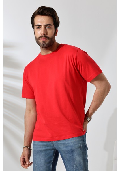 Erkek Pamuklu Penye Kompakt Bisiklet Yaka Comfort Fit Basic T-Shirt 21751 Kırmızı
