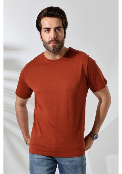Erkek Pamuklu Penye Kompakt Bisiklet Yaka Comfort Fit Basic T-Shirt 21751 Taba