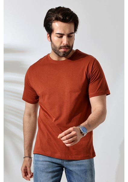 Erkek Pamuklu Penye Kompakt Bisiklet Yaka Comfort Fit Basic T-Shirt 21751 Taba