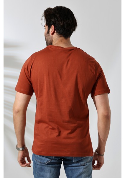 Erkek Pamuklu Penye Kompakt Bisiklet Yaka Comfort Fit Basic T-Shirt 21751 Taba