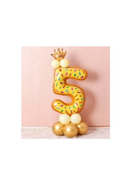 Rakam Balon Karşılama Seti Pasta Desenli Altın Kral Taçlı