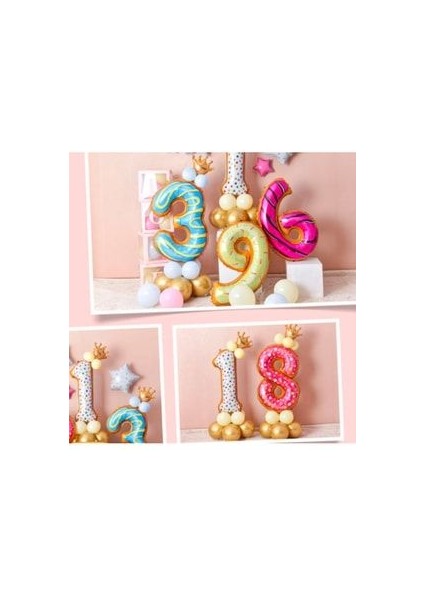 Rakam Balon Karşılama Seti Pasta Desenli Altın Kral Taçlı modelleri