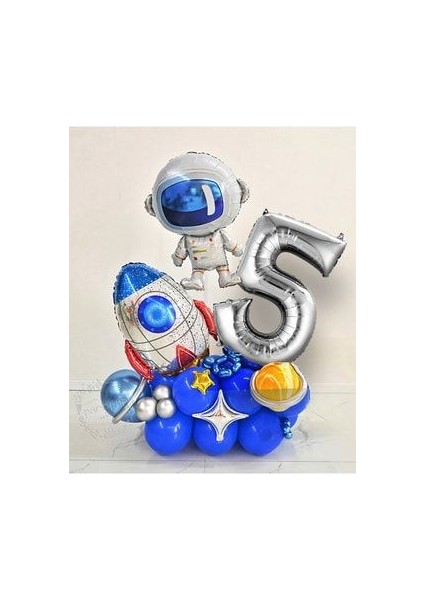 Astronot Roket Uzay Temalı Gümüş Rakam Balonlu Karşılama Seti