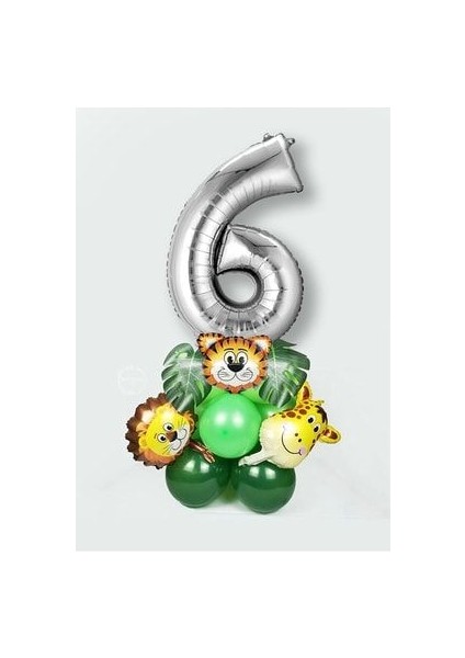 Gümüş Rakam Balonlu Safari Teması Orman Canlıları Karşılama Seti Kolay Kurulum