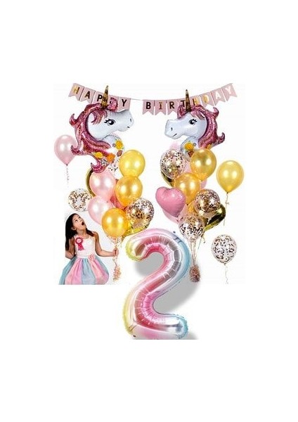 2li Unicorn Tema Gökkuşağı Rakam Balonlu Happy Birthday Banner Full Set