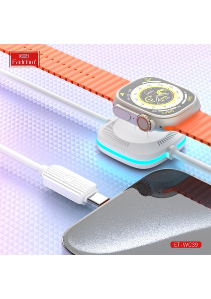 USB To Type-C ve 2.5W Kablosuz Saat Şarj Çıkışlı 2in1 Hızlı Şarj Kablosu Apple Watch Şarj