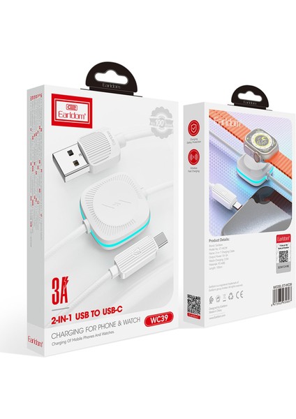 USB To Type-C ve 2.5W Kablosuz Saat Şarj Çıkışlı 2in1 Hızlı Şarj Kablosu Apple Watch Şarj