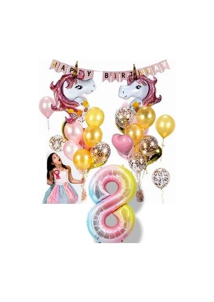 2li Unicorn Tema Gökkuşağı Rakam Balonlu Happy Birthday Banner Full Set