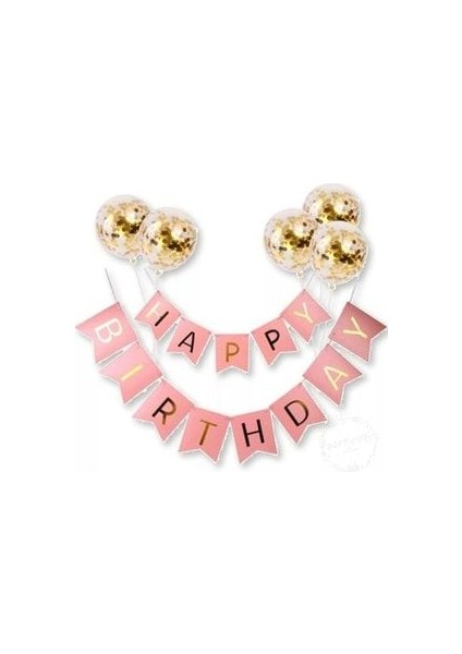 Happy Bırthday Banner Yazı ve Konfetili Şeffaf Balon Seti