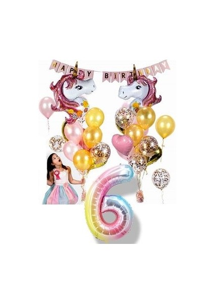 2li Unicorn Tema Gökkuşağı Rakam Balonlu Happy Birthday Banner Full Set