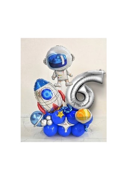 Astronot Roket Uzay Temalı Gümüş Rakam Balonlu Karşılama Seti