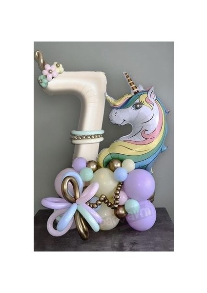 Unicorn Balon Unicorn Tema Krem Rakam Balonlu Makaron Gökkuşağı Set (1-9 Arası Yaş Seçimli)