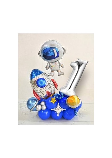 Astronot Roket Uzay Temalı Gümüş Rakam Balonlu Karşılama Seti