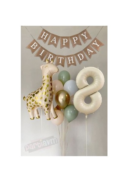 Bej Krem Rakam Balon Soft Kahve Renkler Zürafa Set Arka Fon Yaş Balon Kraft Happy Birthday Banner