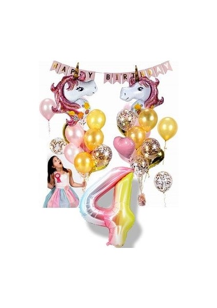 2li Unicorn Tema Gökkuşağı Rakam Balonlu Happy Birthday Banner Full Set