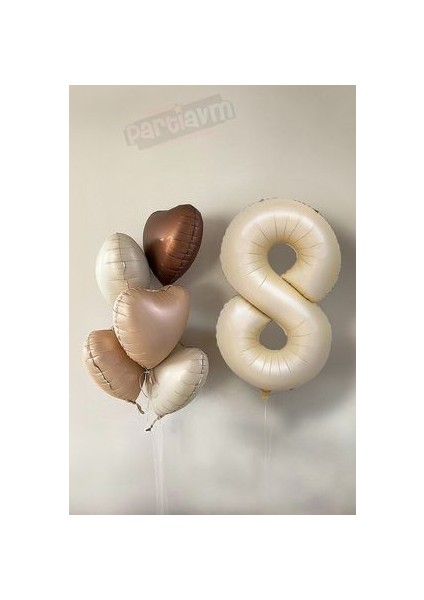 Krem Rakam Balonlu Folyo Kalp Kahverengi Tonları Karşılama Seti
