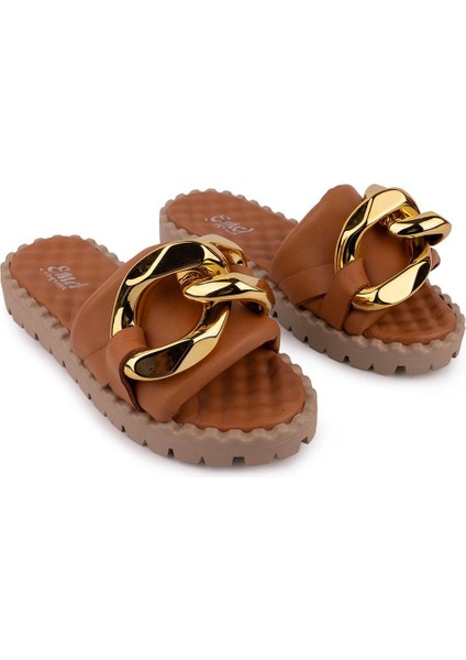 Hakiki Deri Modern Tasarı Masajlı Taban Terlik 7940 Taba