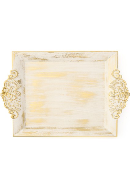 Barok Eskitme Tepsi - Beyaz - 26x39 Cm