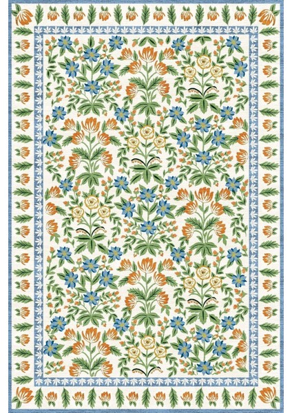 Krem Çiçek Temalı Pastel Renkli Dokuma Taban Halı Mira 1337