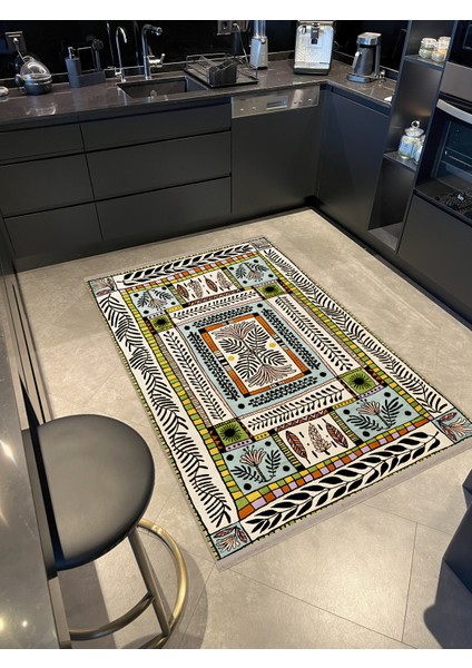 Çok Renkli Karma Soyut Çiçek Desenli Saçaklı Modern Dekoratif Halı 3165