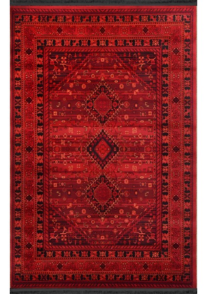 Kırmızı Temalı Geleneksel Motif Etnik Desenli Vintage Dekoratif Halı 1925
