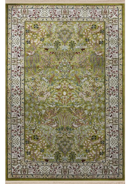 Yeşil Bej Temalı Geleneksel Motif Etnik Çiçek Desenli Kreatif Vintage Dekoratif Halı 2782